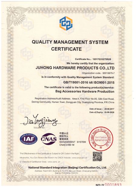 China Juhong Hardware Products Co.,Ltd Certificaten