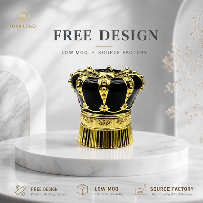 kopen Luxe Zwart Goud Klinknagel Kroon Zinklegering Parfum Cap 3D Reliëf Zamac Deksel Aangepast Logo OEM ODM Bron Fabriek Groothandel online vervaardiging