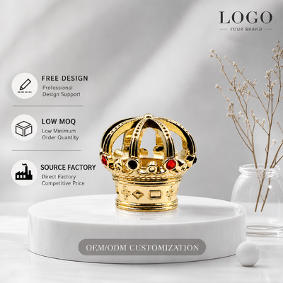 kopen Luxe Hollow King Crown Zamac Parfums Hoed Goudgeplatte Ingelegde Rhinestone Koninklijke Geur Deksel Zink Alloy Metalen Parfum Fles Deksel Custom Logo FEA15 Voor Dubai Oud Attar Parfums Fles online vervaardiging