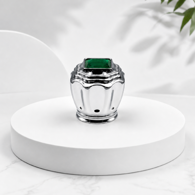 kopen Fabriek Custom Logo Spiegel Zilver Wavy Tiered Zamac Parfum Cap Gloss Zink Alloy Wave Layer Lid Met Square Smaragd Kristal Compatibel FEA15 50ml Verticale Rib Glass Parfumflessen online vervaardiging