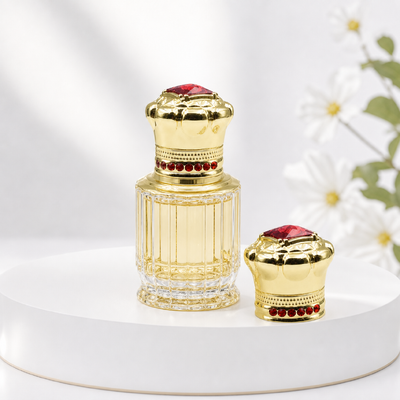 kopen Groothandel Hoge Glanst Spiegel Goud Koninklijke Kroon Parfum Fles Cap Met Vierkante Rode Diamant Top & Cirkel Rode Strass Gordel Zware Zamac sluiting OEM Custom Engrave Logo Midden-Oosten Luxe Geur online vervaardiging
