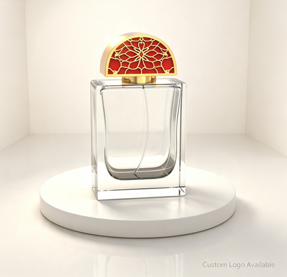 Kopen Halve cirkel holle bloemen Zamac parfum dop met rode emaille goudkleurige afwerking en op maat gemaakte logo gravure online vervaardiging