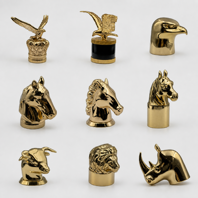 Luxe vergulde 3D dierbeeldhouwwerk Zamac Parfumkap, Adelaar Paard Leeuw Stier Neushoorn Dierkop Metalen Parfumsluiting Custom Logo Voor Arabische mannen Parfumsflessen