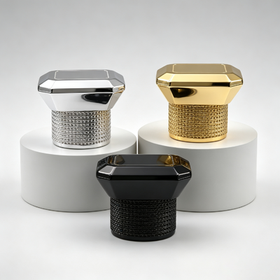Luxe veelzijdige achthoekige zinklegering parfumdop met reliëf mesh patroon basis zamac parfumfles dop multicolor spiegel galvaniseren aangepast logo OEM ODM